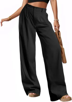 keriffe Women's Linen Wide Leg Palazzo Pants Loose Fit Casual Pants with Pocekts High Waist Button Work Office Slacks