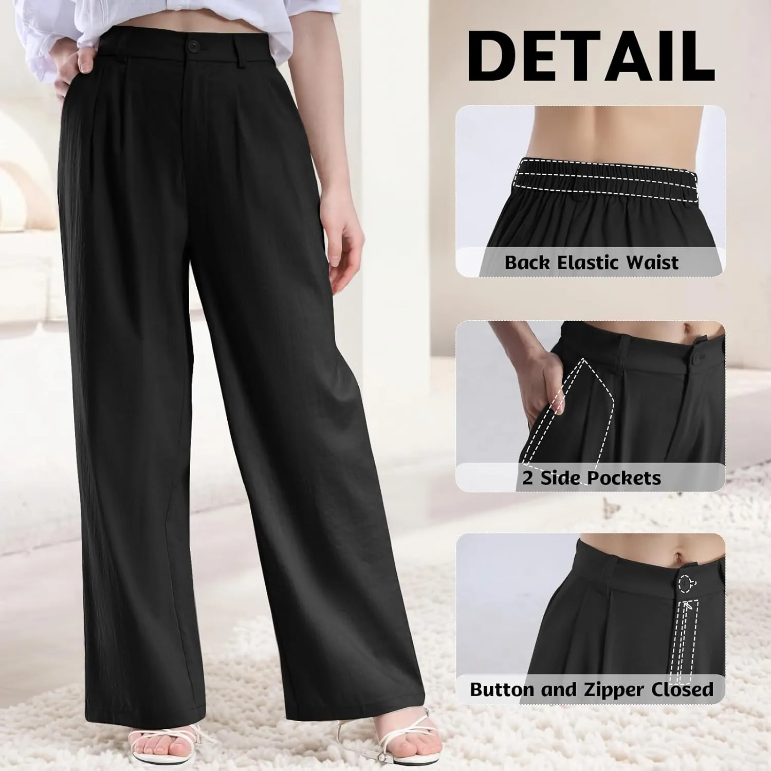 keriffe Women's Linen Wide Leg Palazzo Pants Loose Fit Casual Pants with Pocekts High Waist Button Work Office Slacks