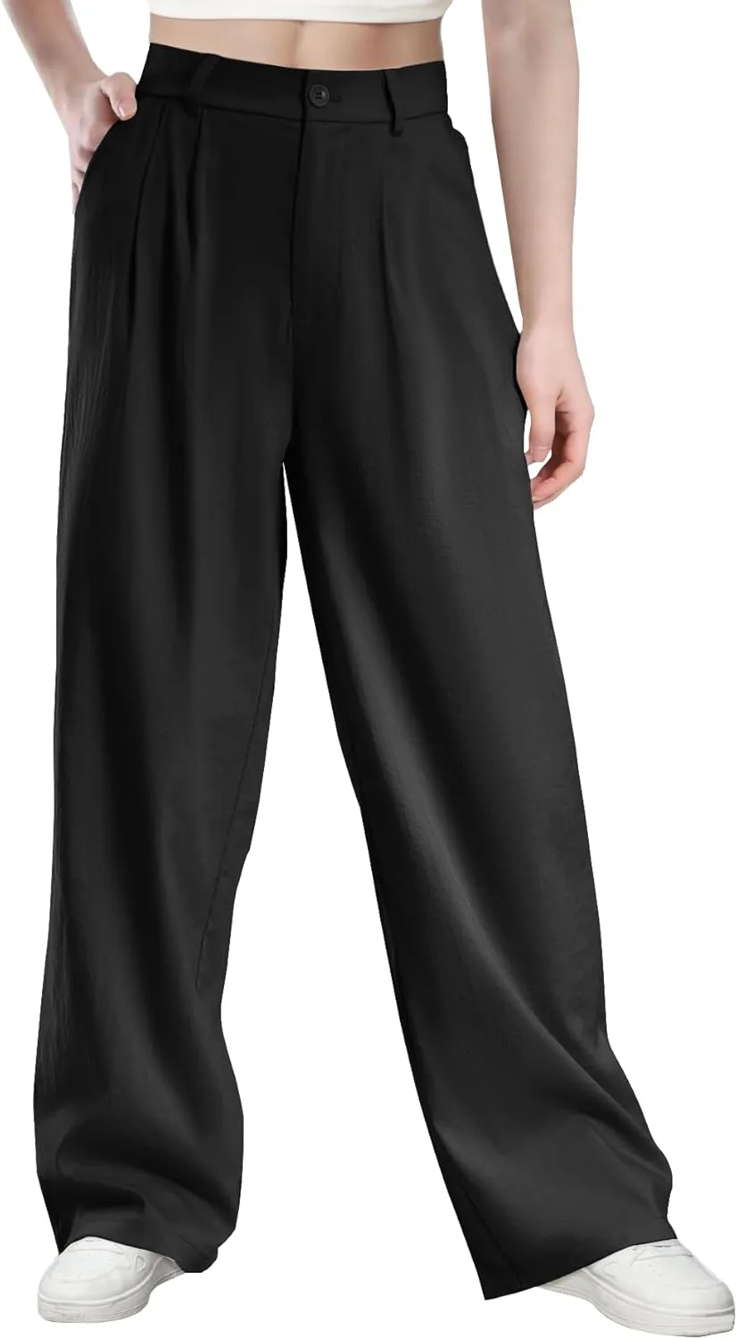 keriffe Women's Linen Wide Leg Palazzo Pants Loose Fit Casual Pants with Pocekts High Waist Button Work Office Slacks