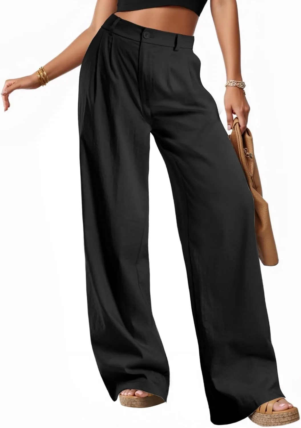 keriffe Women's Linen Wide Leg Palazzo Pants Loose Fit Casual Pants with Pocekts High Waist Button Work Office Slacks