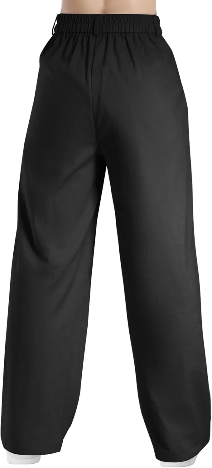 keriffe Women's Linen Wide Leg Palazzo Pants Loose Fit Casual Pants with Pocekts High Waist Button Work Office Slacks
