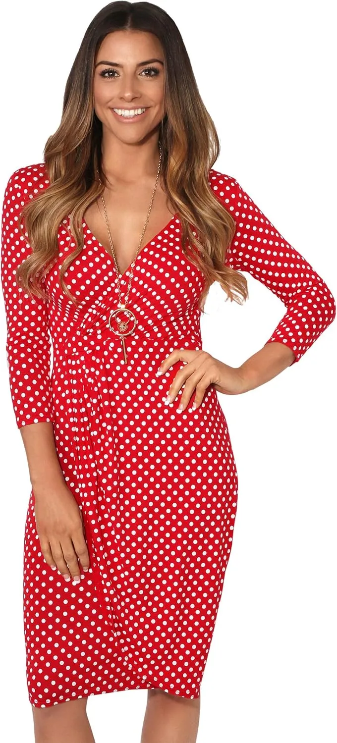 KRISP Women Long 3/4 Sleeve Pencil Bodycon Day Dress Stretch V-Neck Midi Knee Long Casual Printed