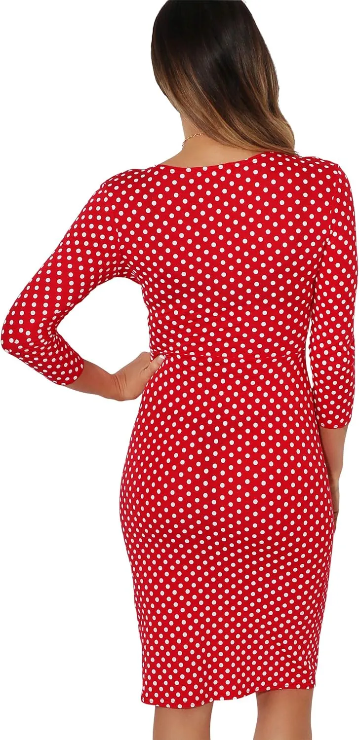 KRISP Women Long 3/4 Sleeve Pencil Bodycon Day Dress Stretch V-Neck Midi Knee Long Casual Printed