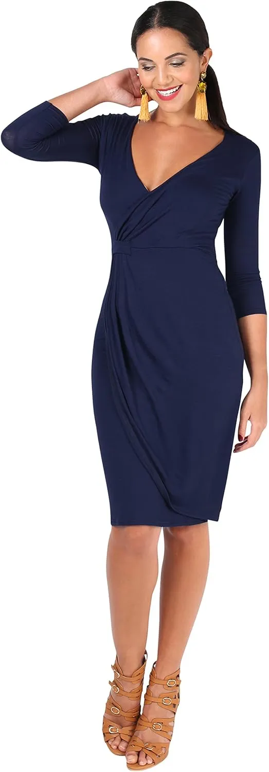 KRISP Women Long 3/4 Sleeve Pencil Bodycon Day Dress Stretch V-Neck Midi Knee Long Casual Printed