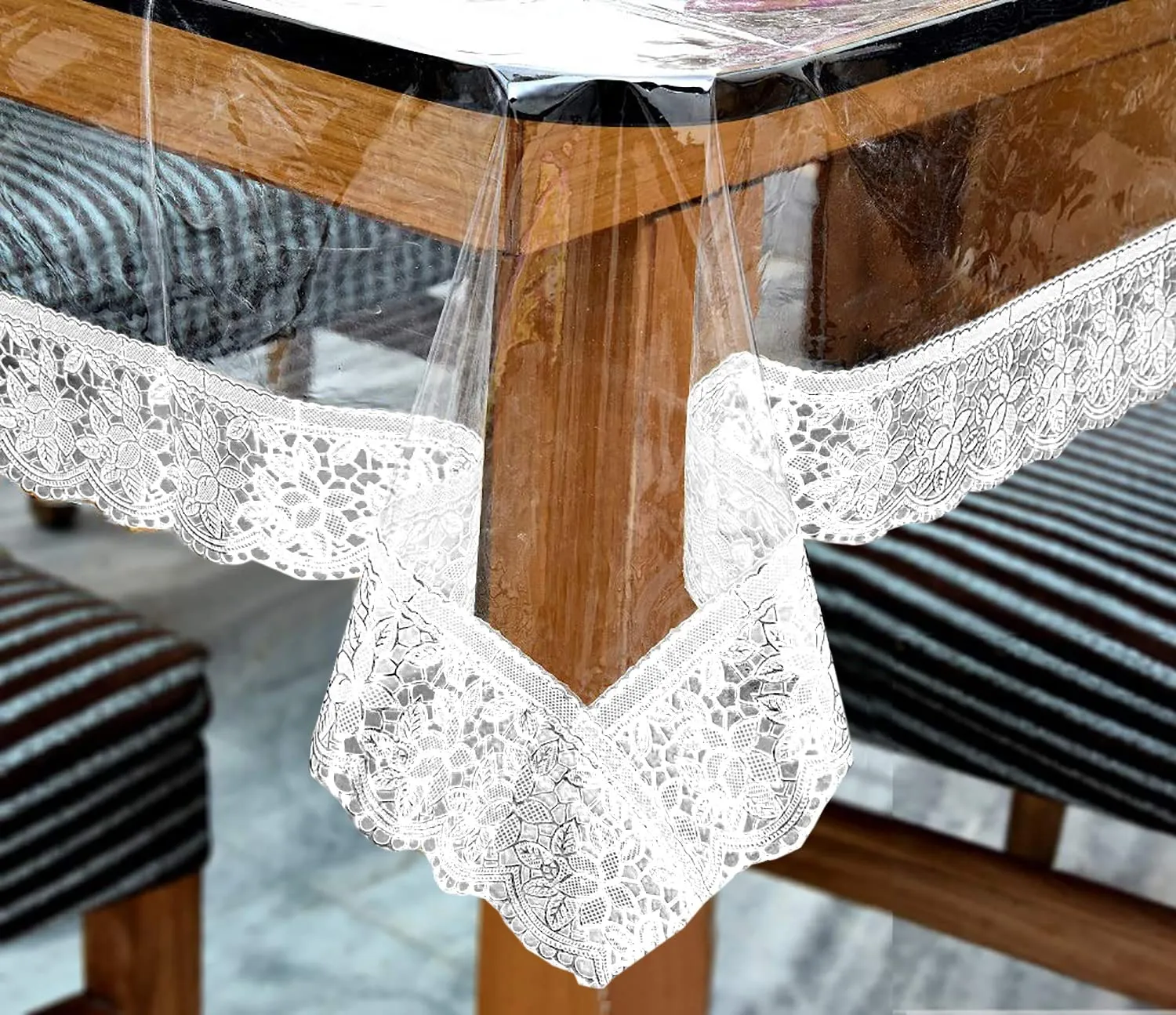 Kuber Industries Table Cloth for Dining|70x45 Inch |Transparent Dining Table Cover 4 Seater|Waterproof Table Sheet, White Lace (White)