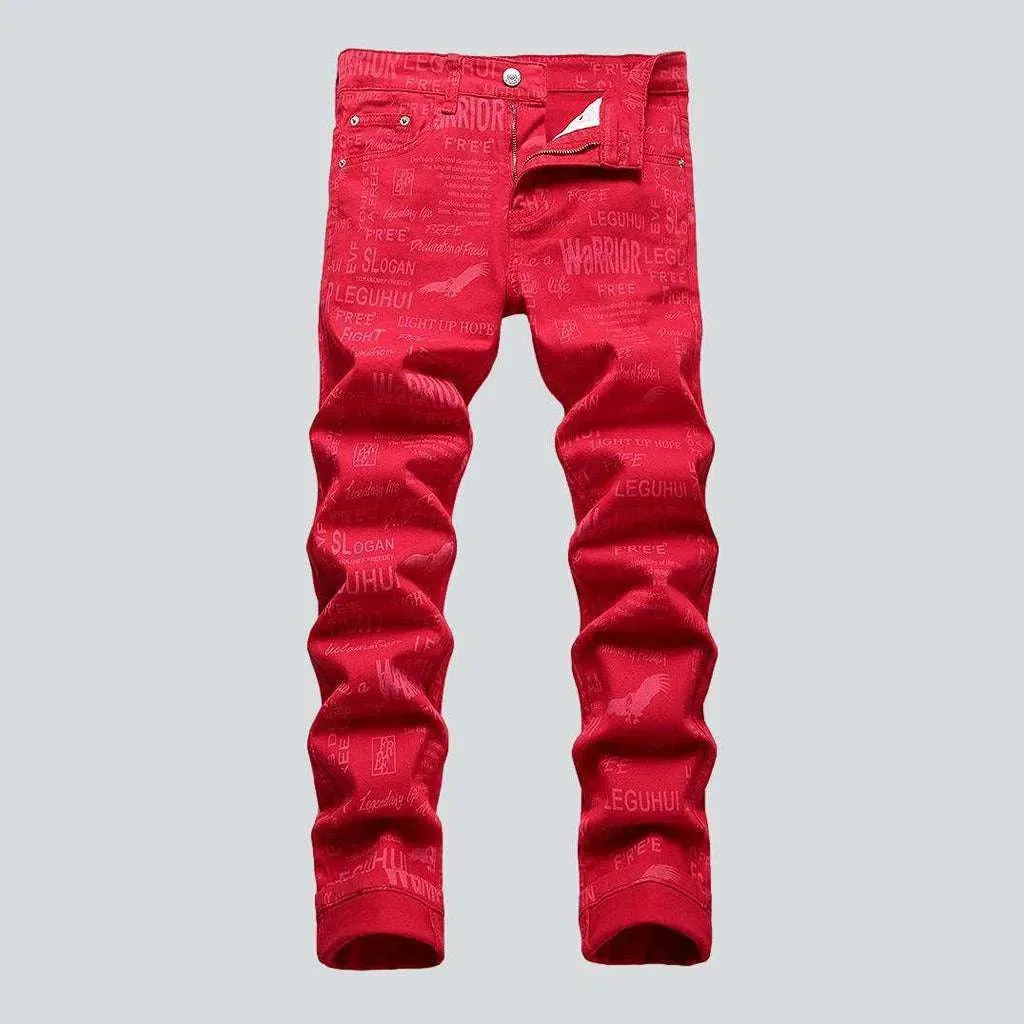 Letter embroidery red men's jeans