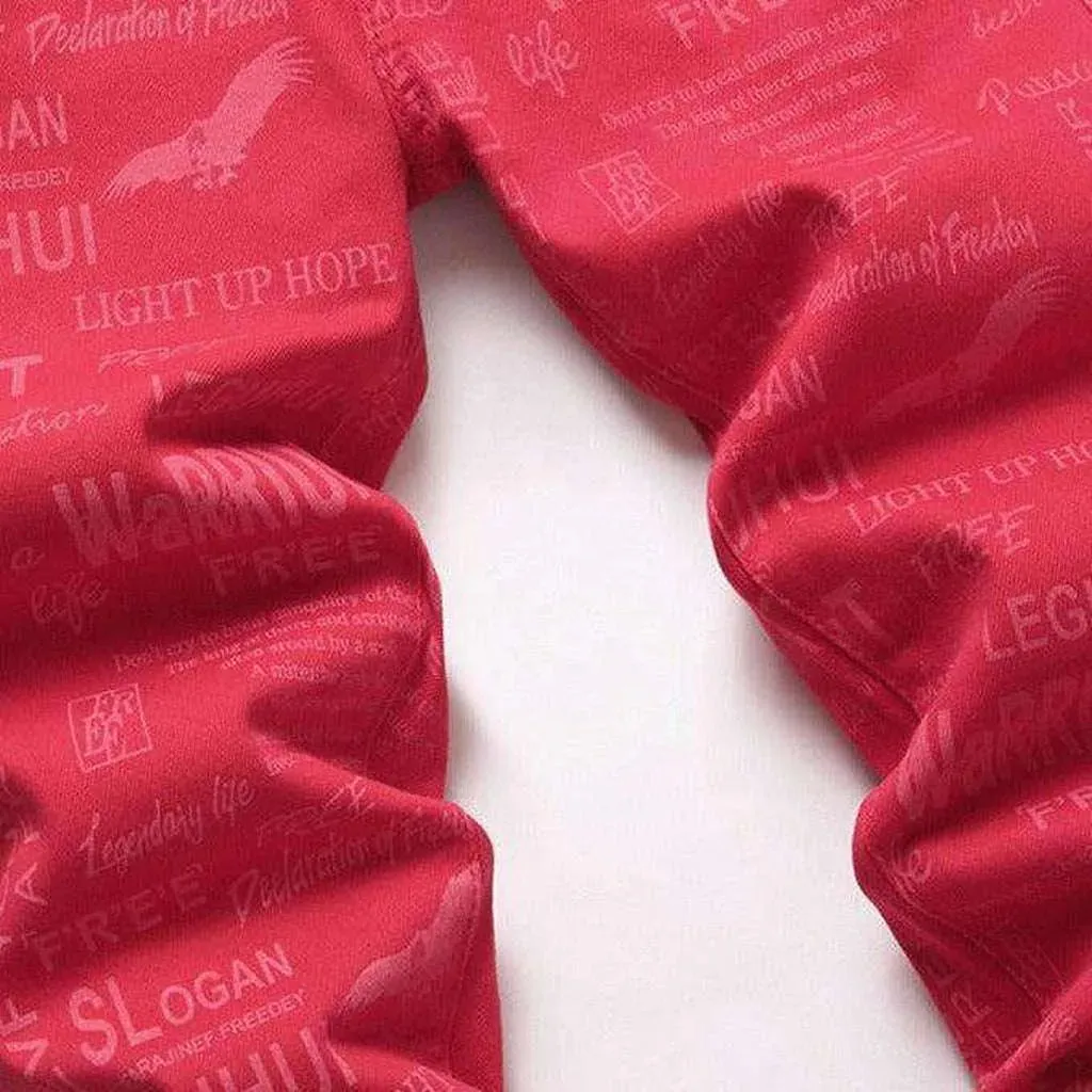 Letter embroidery red men's jeans