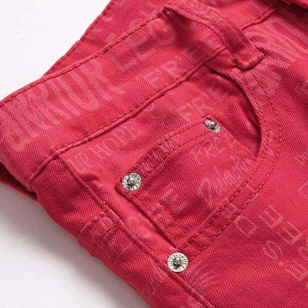 Letter embroidery red men's jeans
