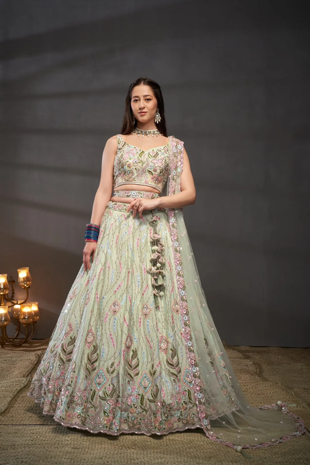 Lime Green Chiffon Mirror Work Lehenga Choli Set with Heavy Zari & Sequin Embroidery