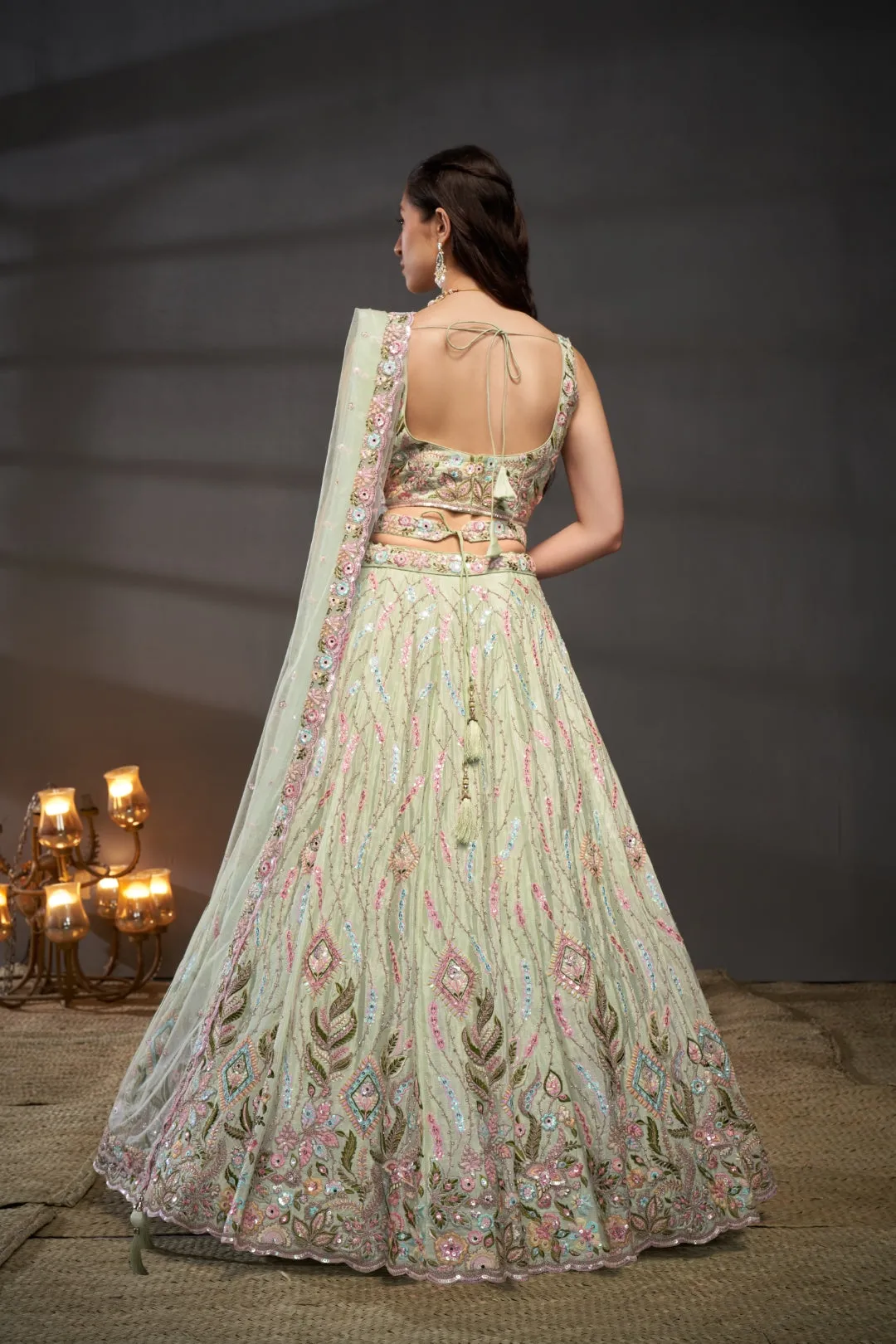Lime Green Chiffon Mirror Work Lehenga Choli Set with Heavy Zari & Sequin Embroidery