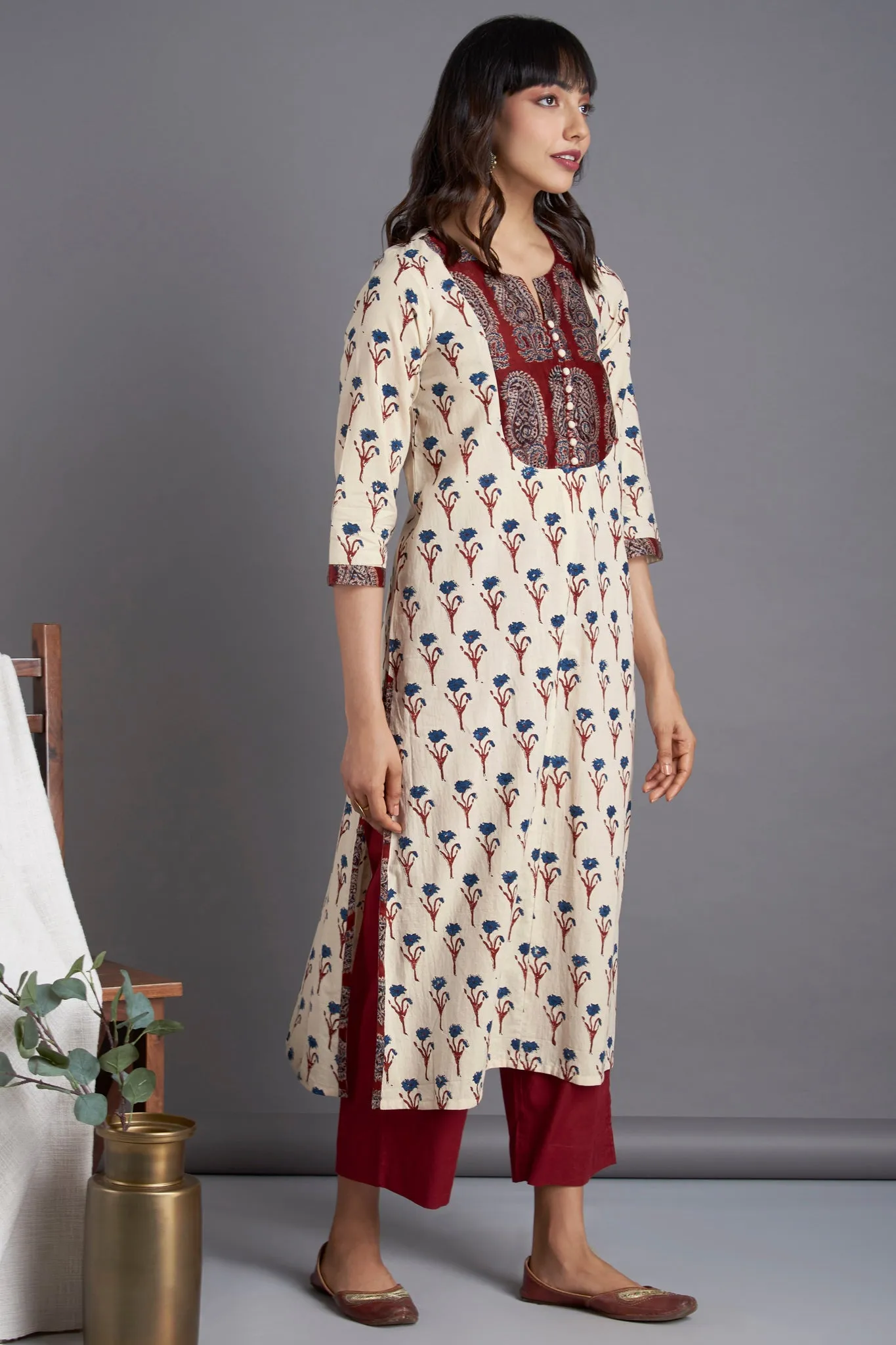 long yoke kurta - madder tendrils & ivory sprinkle