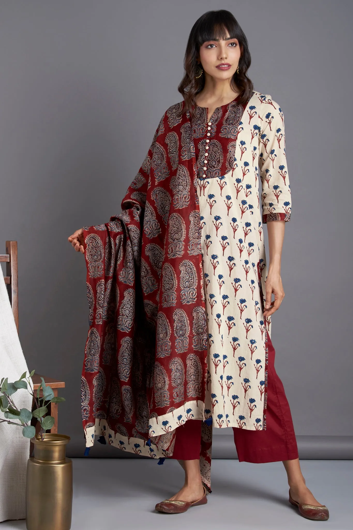 long yoke kurta - madder tendrils & ivory sprinkle