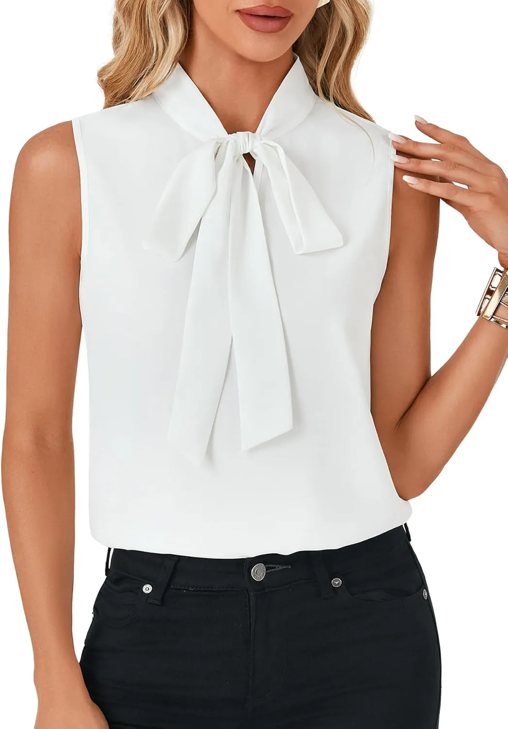 LYANER Women's Elegant Bow Tie Mock Neck Sleeveless Blouse Office Workwear Shirt Top