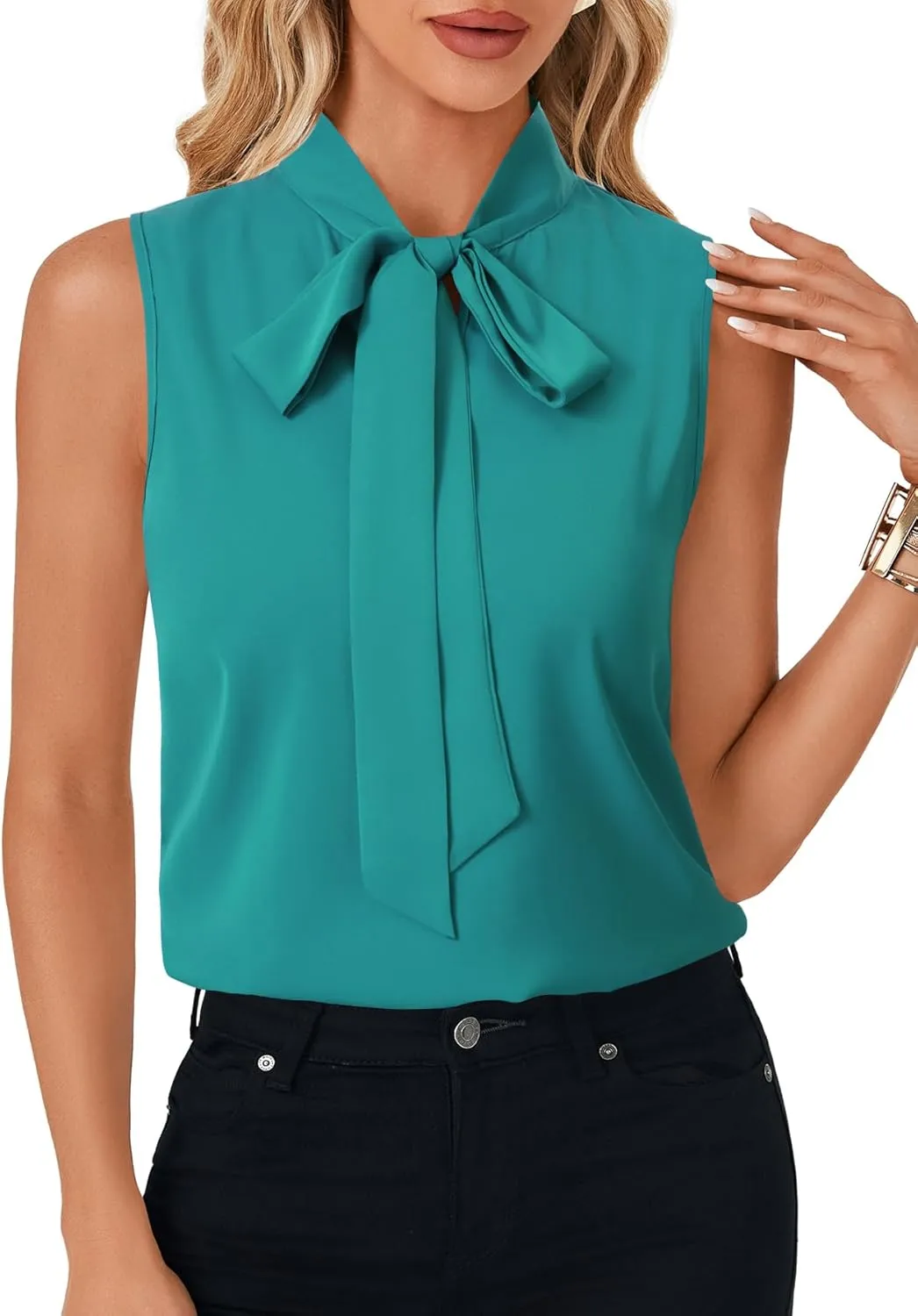 LYANER Women's Elegant Bow Tie Mock Neck Sleeveless Blouse Office Workwear Shirt Top
