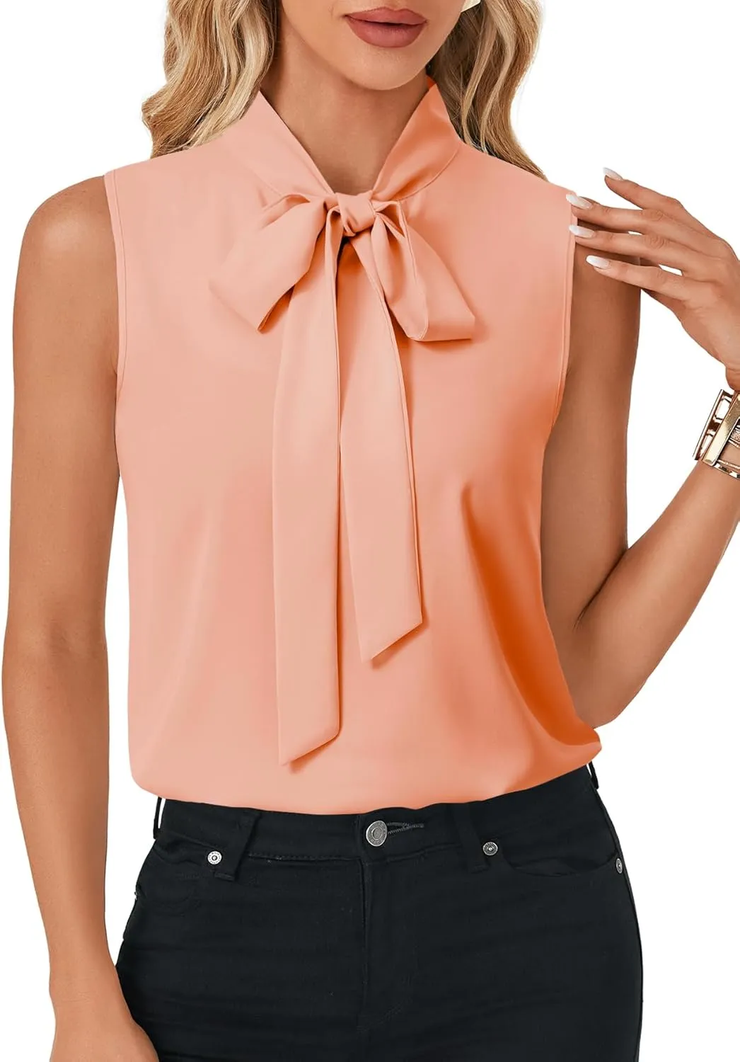 LYANER Women's Elegant Bow Tie Mock Neck Sleeveless Blouse Office Workwear Shirt Top