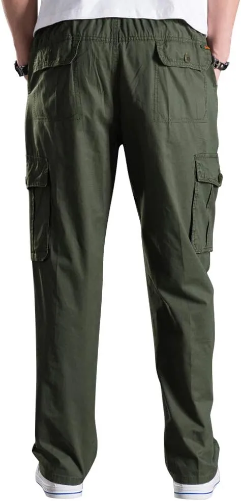 Men's Elastic Waist Cargo Pants,Casual Loose Fit Lightweight Workwear Pull On Pants