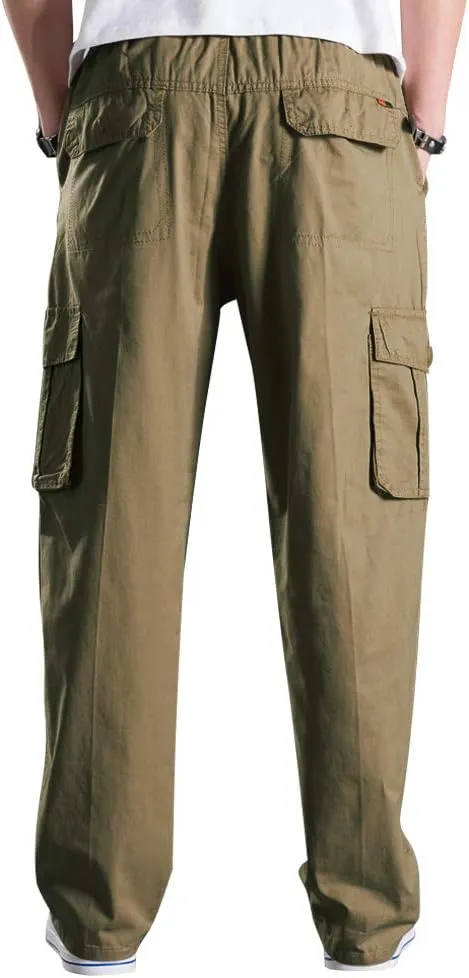 Men's Elastic Waist Cargo Pants,Casual Loose Fit Lightweight Workwear Pull On Pants
