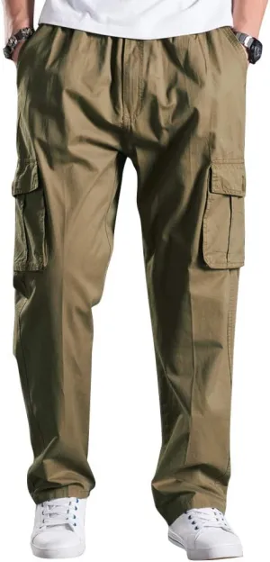 Men's Elastic Waist Cargo Pants,Casual Loose Fit Lightweight Workwear Pull On Pants