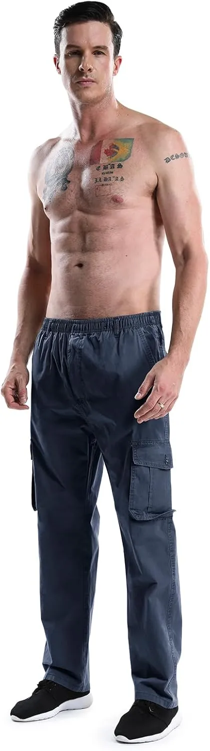 Men's Elastic Waist Cargo Pants,Casual Loose Fit Lightweight Workwear Pull On Pants