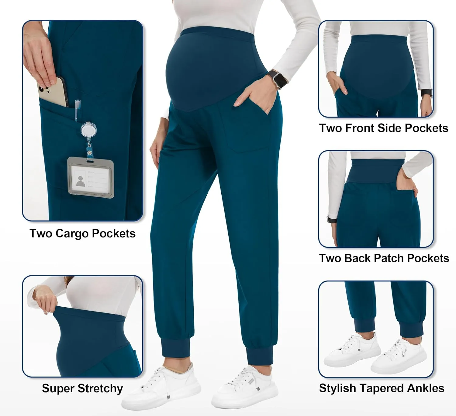 PACBREEZE Women's Maternity Scrubs with 6 Pockets, Workwear Maternity Jogger Scrubs Pregnancy Pants, S-XXL