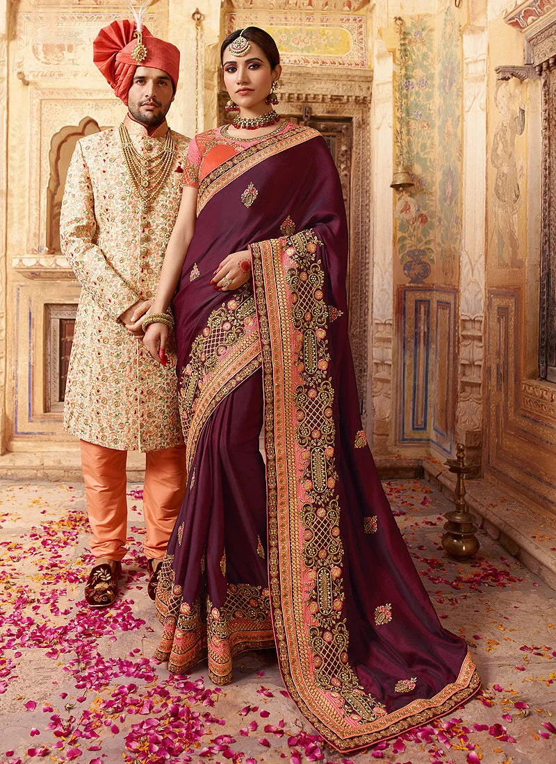 Plum Purple And Orange Zari Embroidered Traditional Saree
