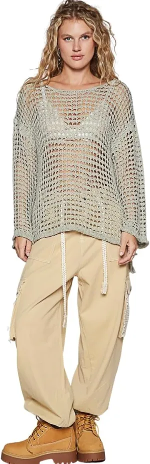 POL Clothing Women's Crochet Mesh Knit Boat Neck Top with Bell Sleeves, Sage