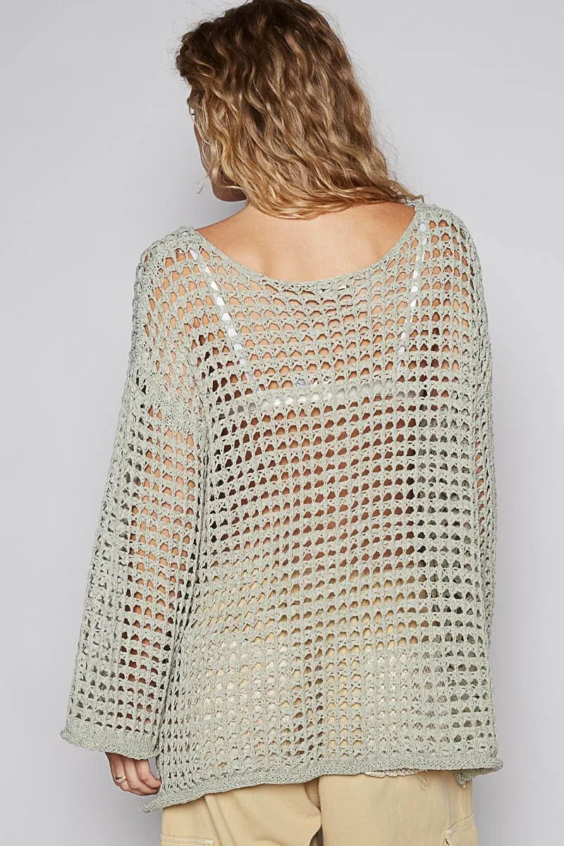 POL Clothing Women's Crochet Mesh Knit Boat Neck Top with Bell Sleeves, Sage