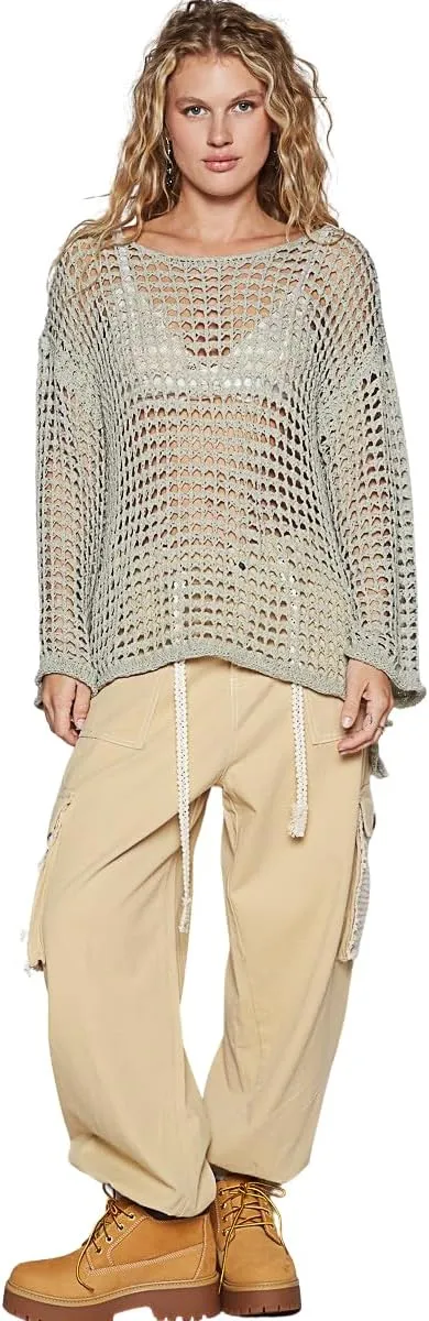 POL Clothing Women's Crochet Mesh Knit Boat Neck Top with Bell Sleeves, Sage