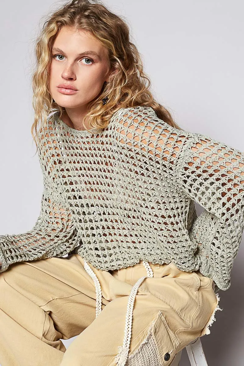 POL Clothing Women's Crochet Mesh Knit Boat Neck Top with Bell Sleeves, Sage