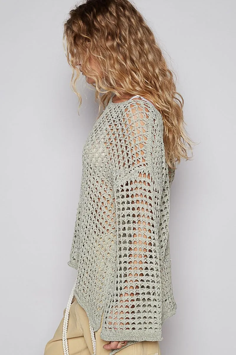 POL Clothing Women's Crochet Mesh Knit Boat Neck Top with Bell Sleeves, Sage