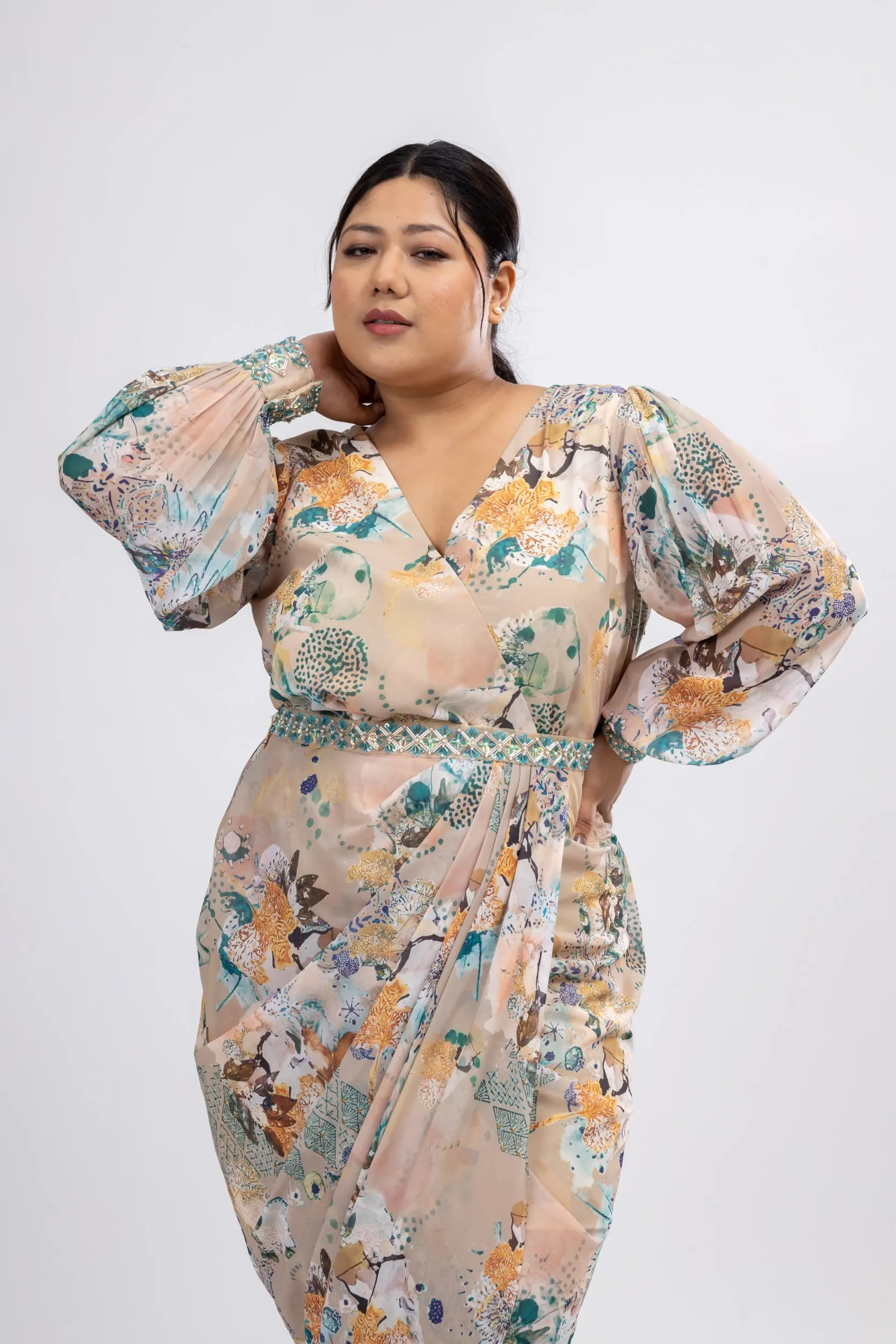 Poplars Printed Drape Dress With Belt