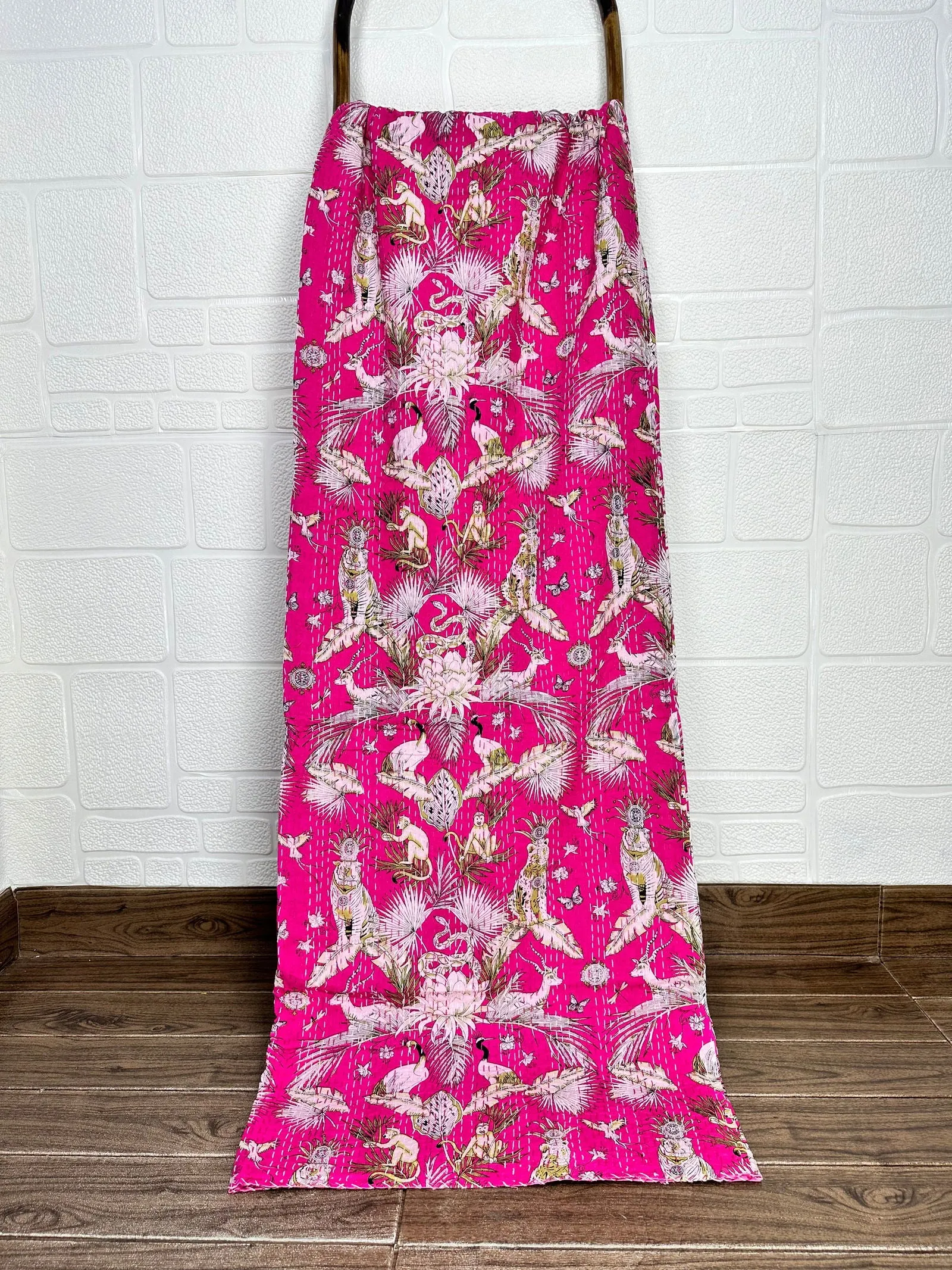 Pure Cotton Kantha Stitch Throw | Indian Hand Block Quilted King Size Bedspread/Sofa Cover Home Decor | Jungle Reversible Print Pink