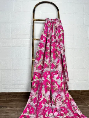 Pure Cotton Kantha Stitch Throw | Indian Hand Block Quilted King Size Bedspread/Sofa Cover Home Decor | Jungle Reversible Print Pink