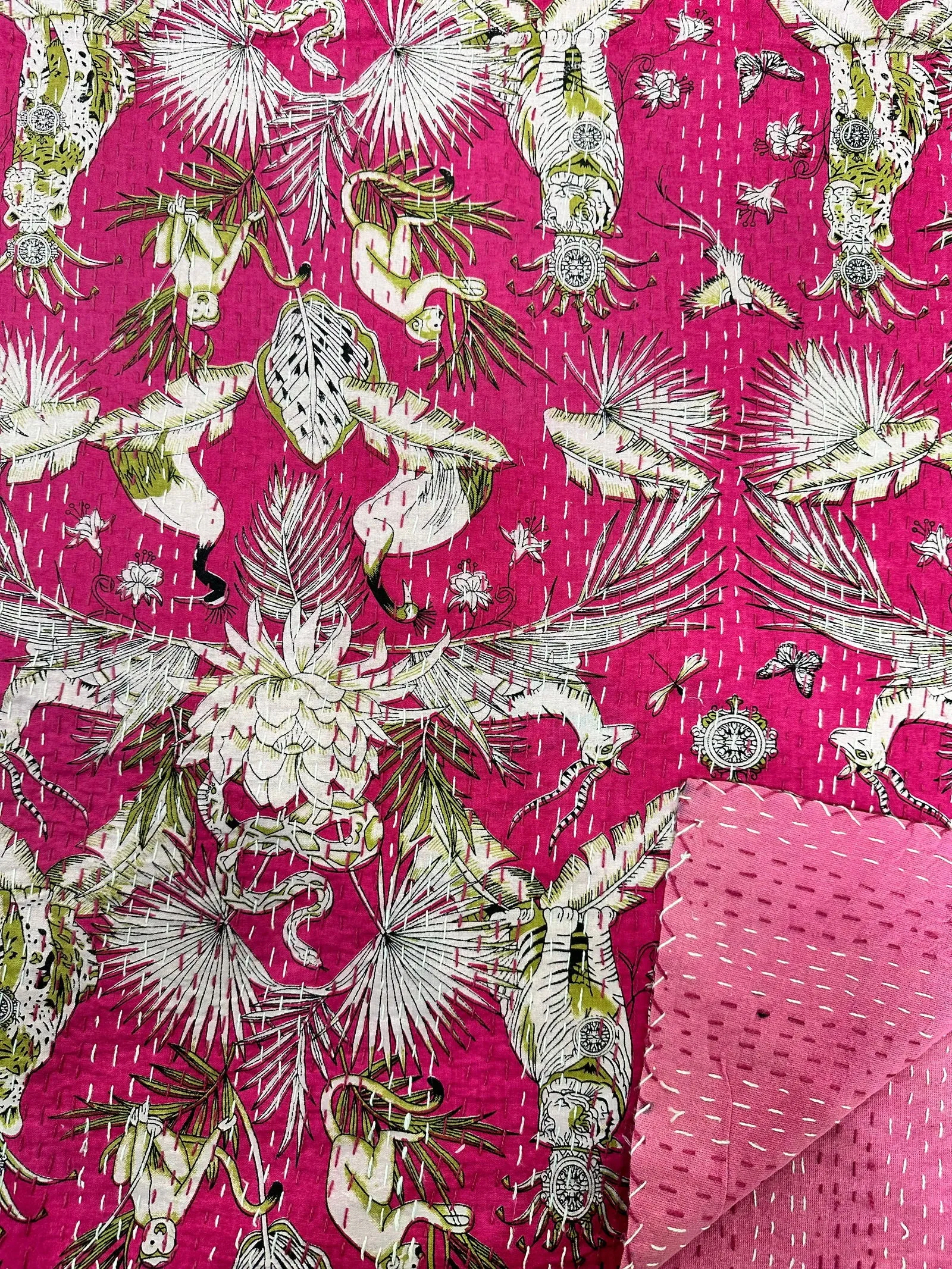 Pure Cotton Kantha Stitch Throw | Indian Hand Block Quilted King Size Bedspread/Sofa Cover Home Decor | Jungle Reversible Print Pink