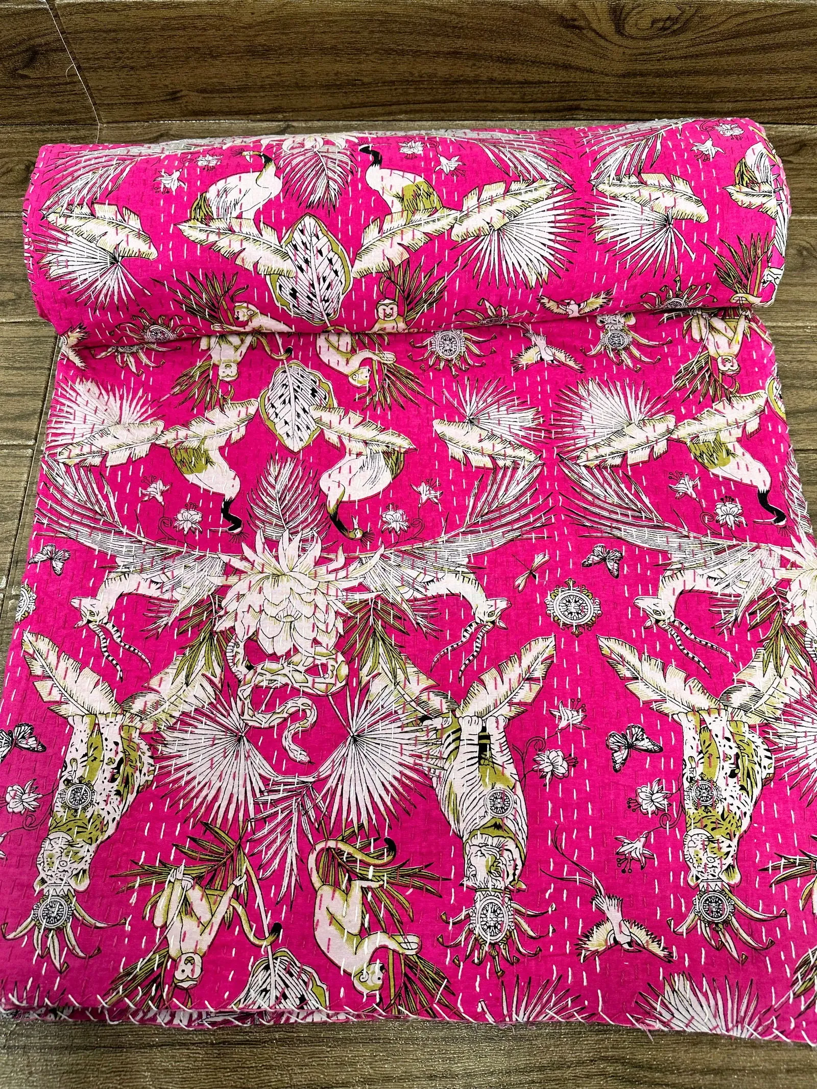 Pure Cotton Kantha Stitch Throw | Indian Hand Block Quilted King Size Bedspread/Sofa Cover Home Decor | Jungle Reversible Print Pink