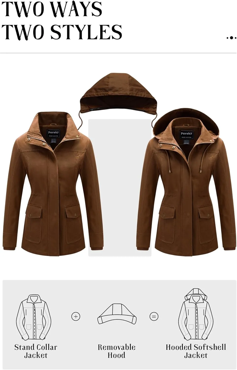 Pursky Women's Cotton Anorak Jacket Lightweight Casual Military Jackets Safari Utility Coats With Removable Hood