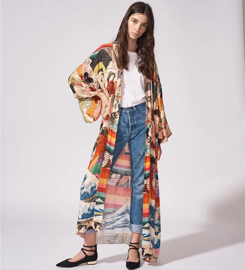 Quick Dry Polyester Japanese Kimono Print Beach Cover Up Holiday Cardigan Bikini Cover Up Sun Shirt