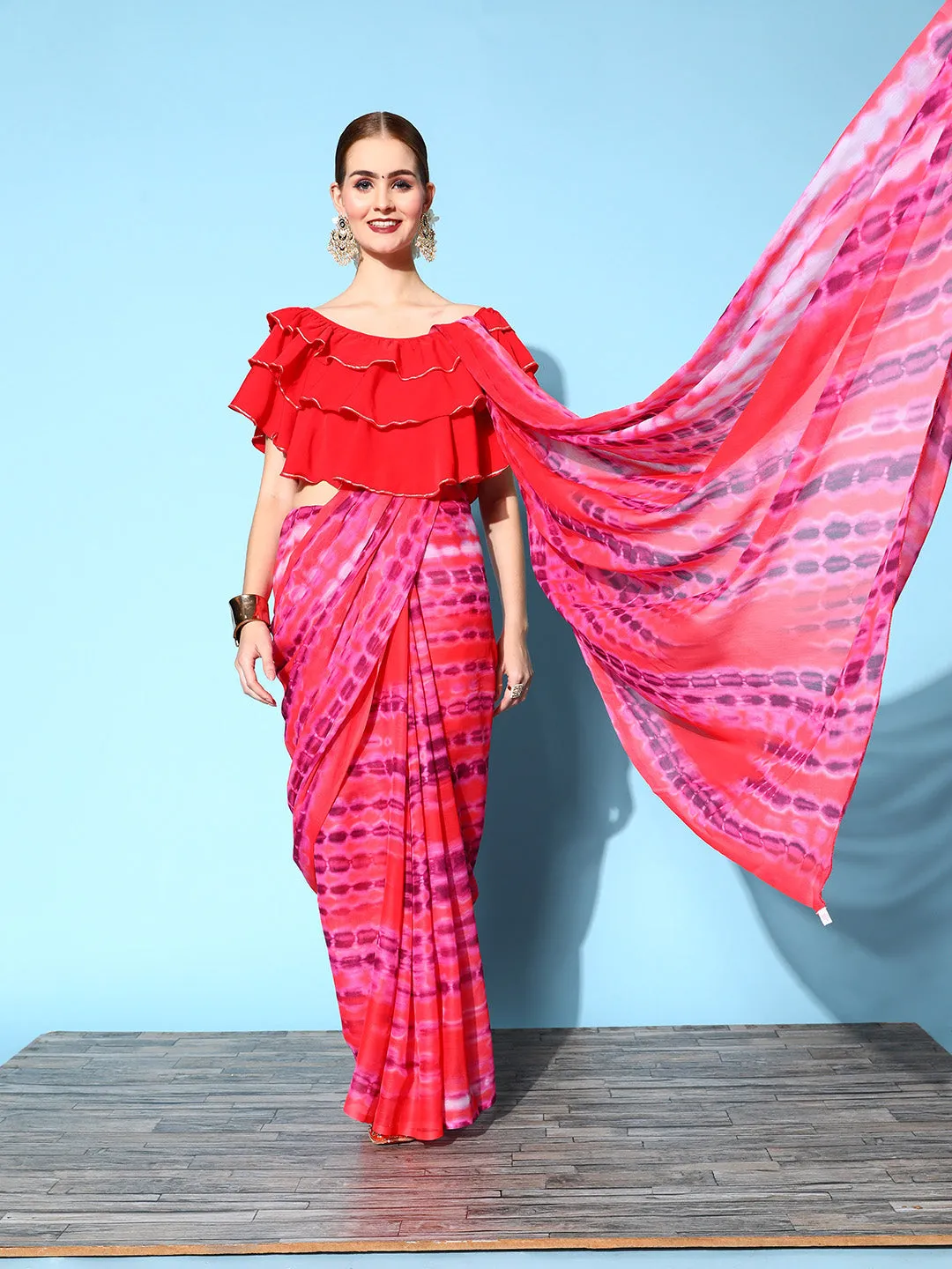 Red Geometric Print Chiffon Saree