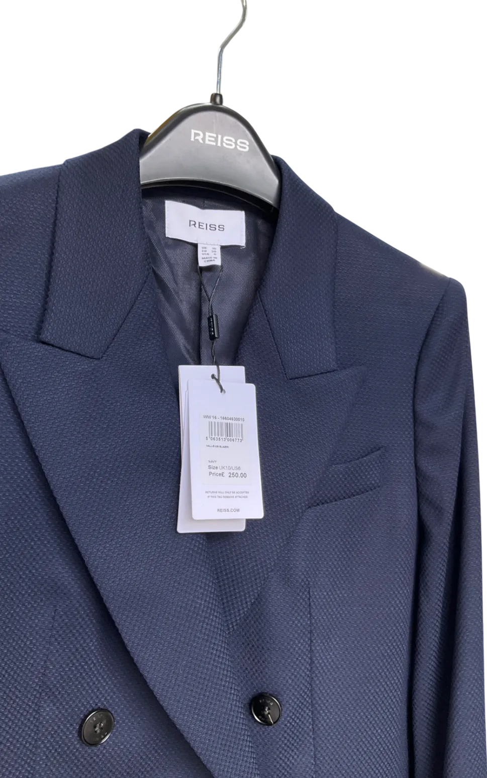 REISS Blue Hallie Textured Double Breasted Suit Blazer In Navy UK 10