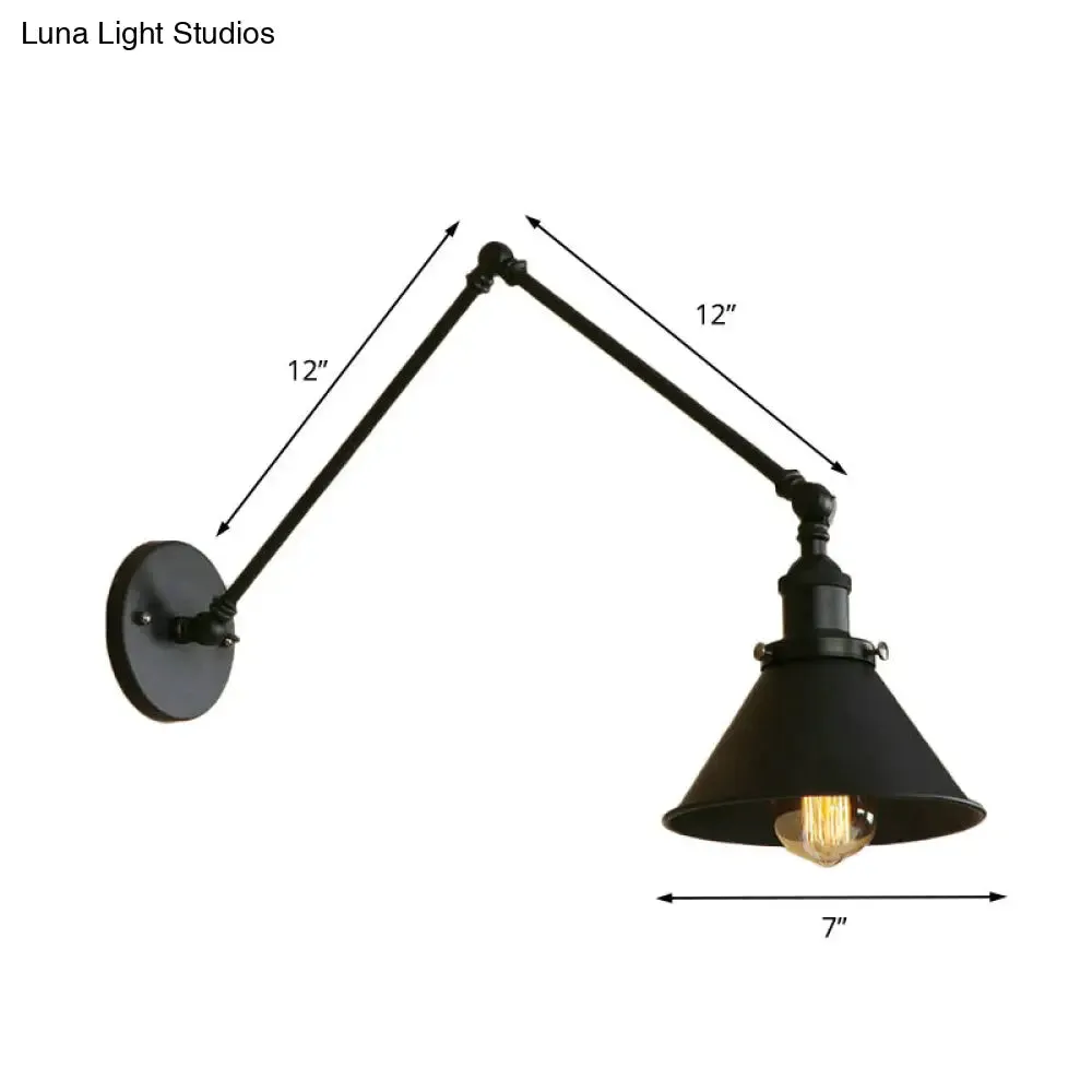 Retro Style Swing Arm Wall Lamp: 1-Head Sconce with Conic Shade, Metal, Indoor - Black