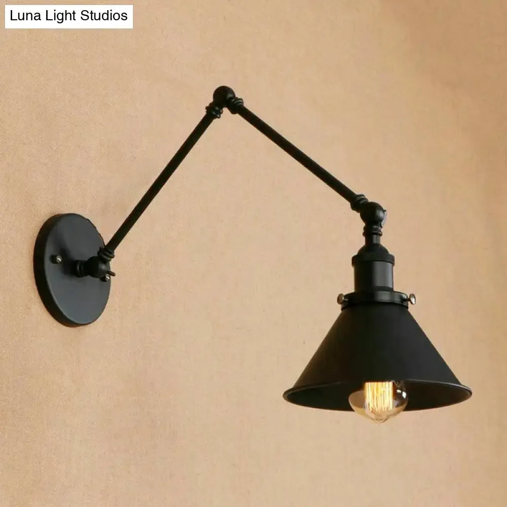 Retro Style Swing Arm Wall Lamp: 1-Head Sconce with Conic Shade, Metal, Indoor - Black