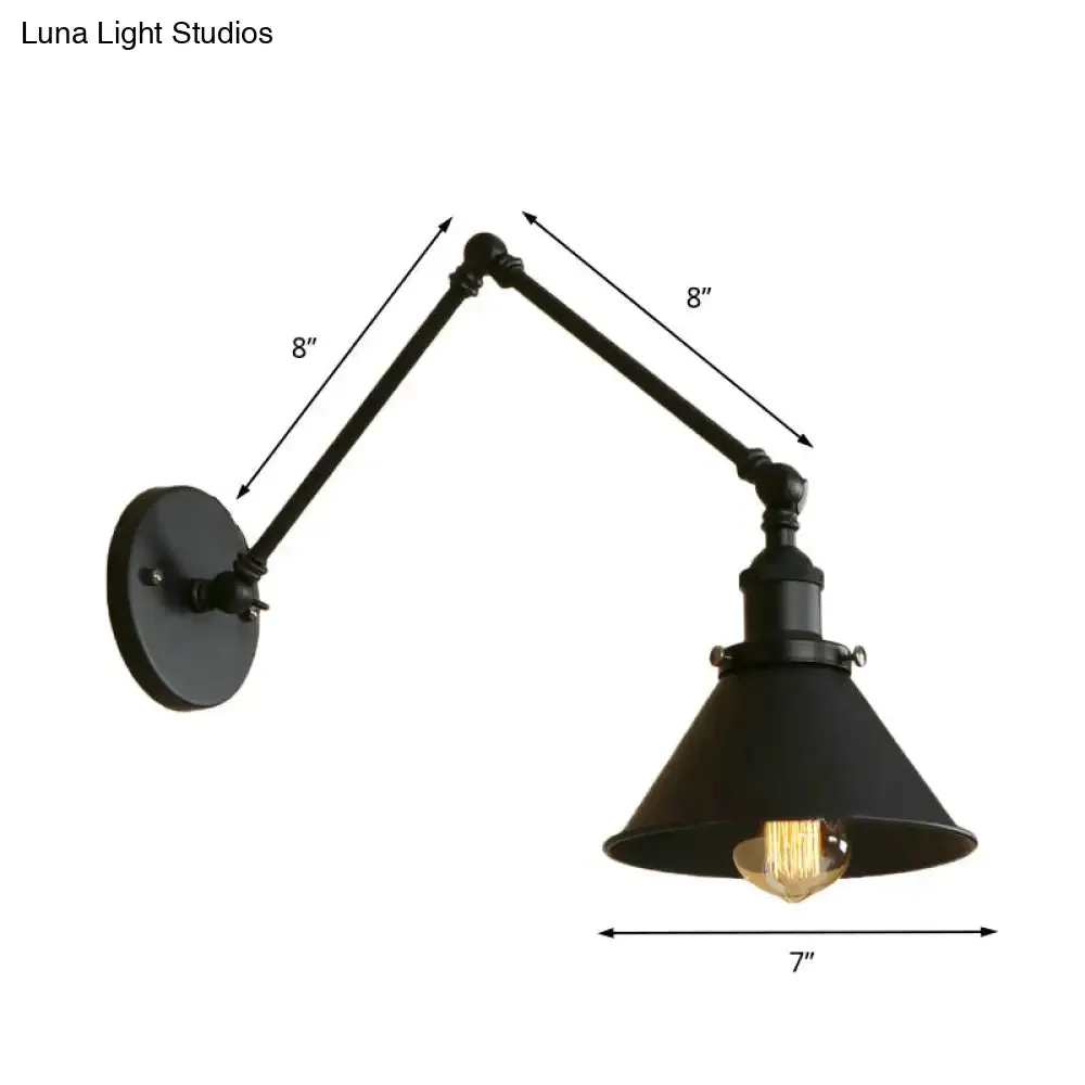 Retro Style Swing Arm Wall Lamp: 1-Head Sconce with Conic Shade, Metal, Indoor - Black
