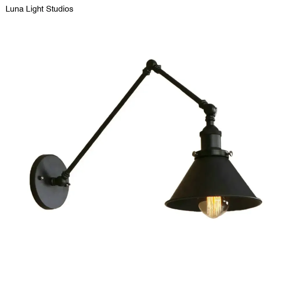 Retro Style Swing Arm Wall Lamp: 1-Head Sconce with Conic Shade, Metal, Indoor - Black