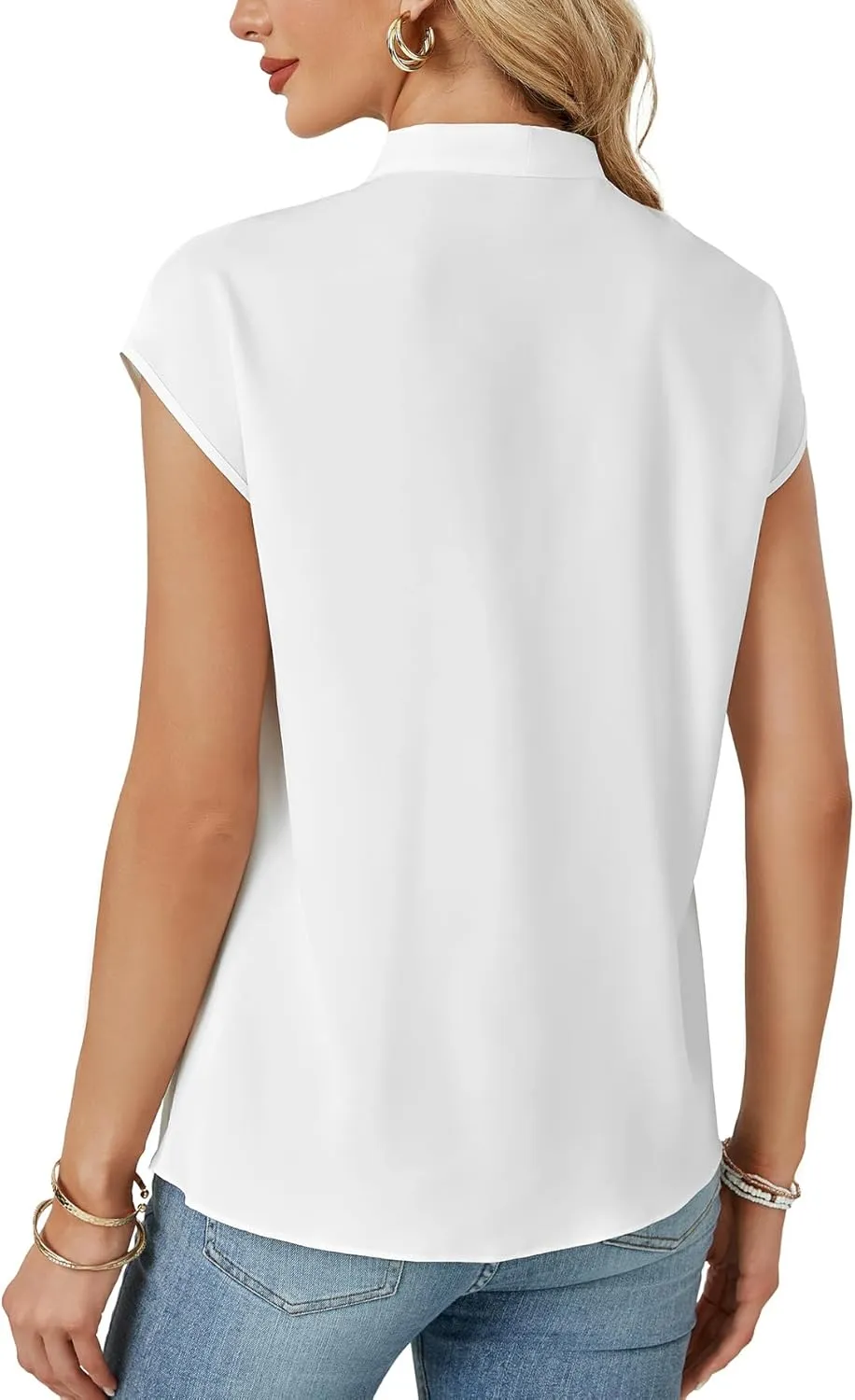 Rooscier Women's Bow Tie Neck Cap Sleeve Elegant Workwear Blouse Shirt Tops