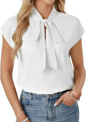 Rooscier Women's Bow Tie Neck Cap Sleeve Elegant Workwear Blouse Shirt Tops
