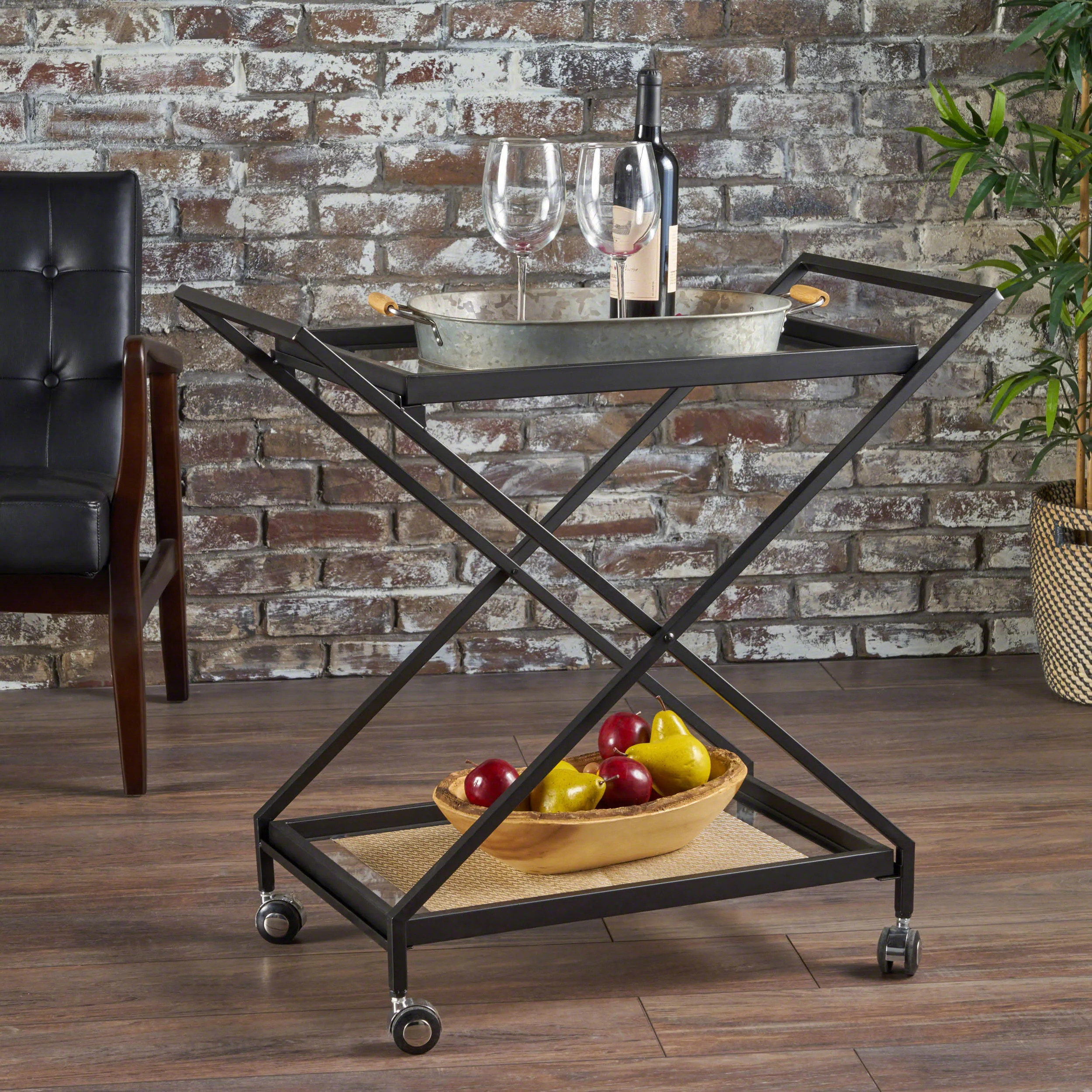 Sheri Modern Tempered Glass Black Iron Bar Cart