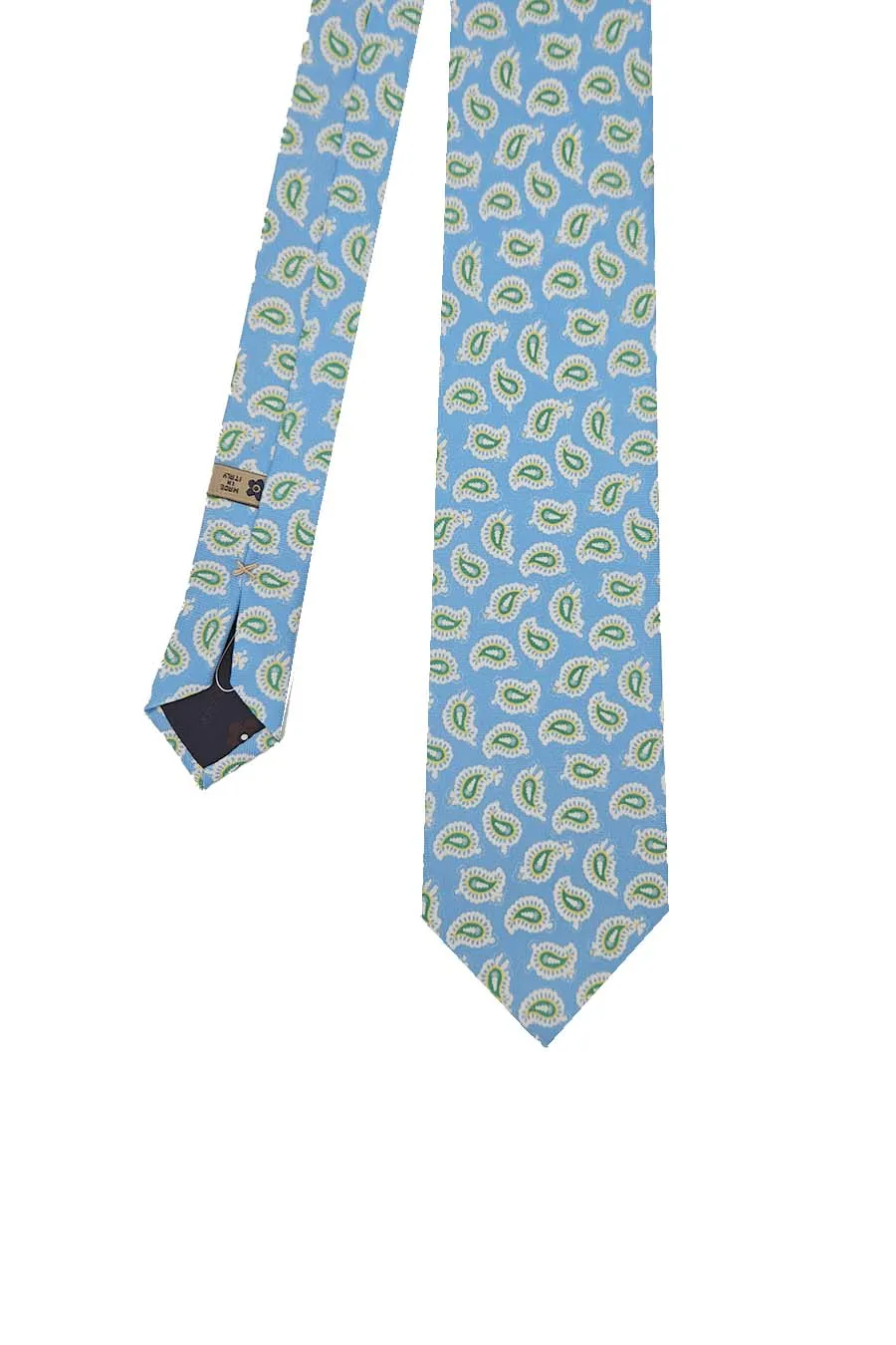 Sky blue silk printed tie with green & yellow paisley archives design