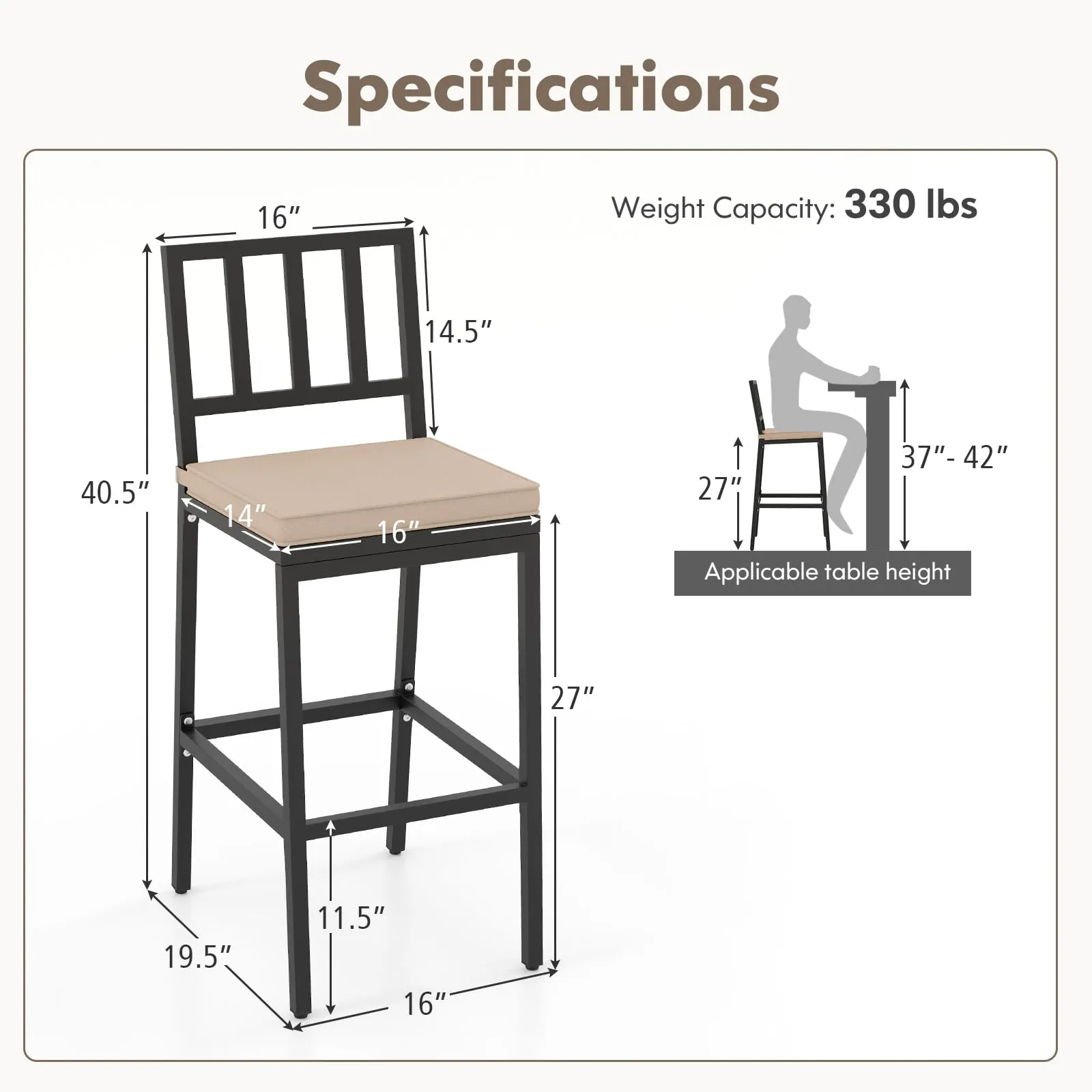 Tangkula Patio Bar Chairs, Heavy-Duty Metal Frame Bar Stools w/Backrest, Indoor Outdoor Barstools