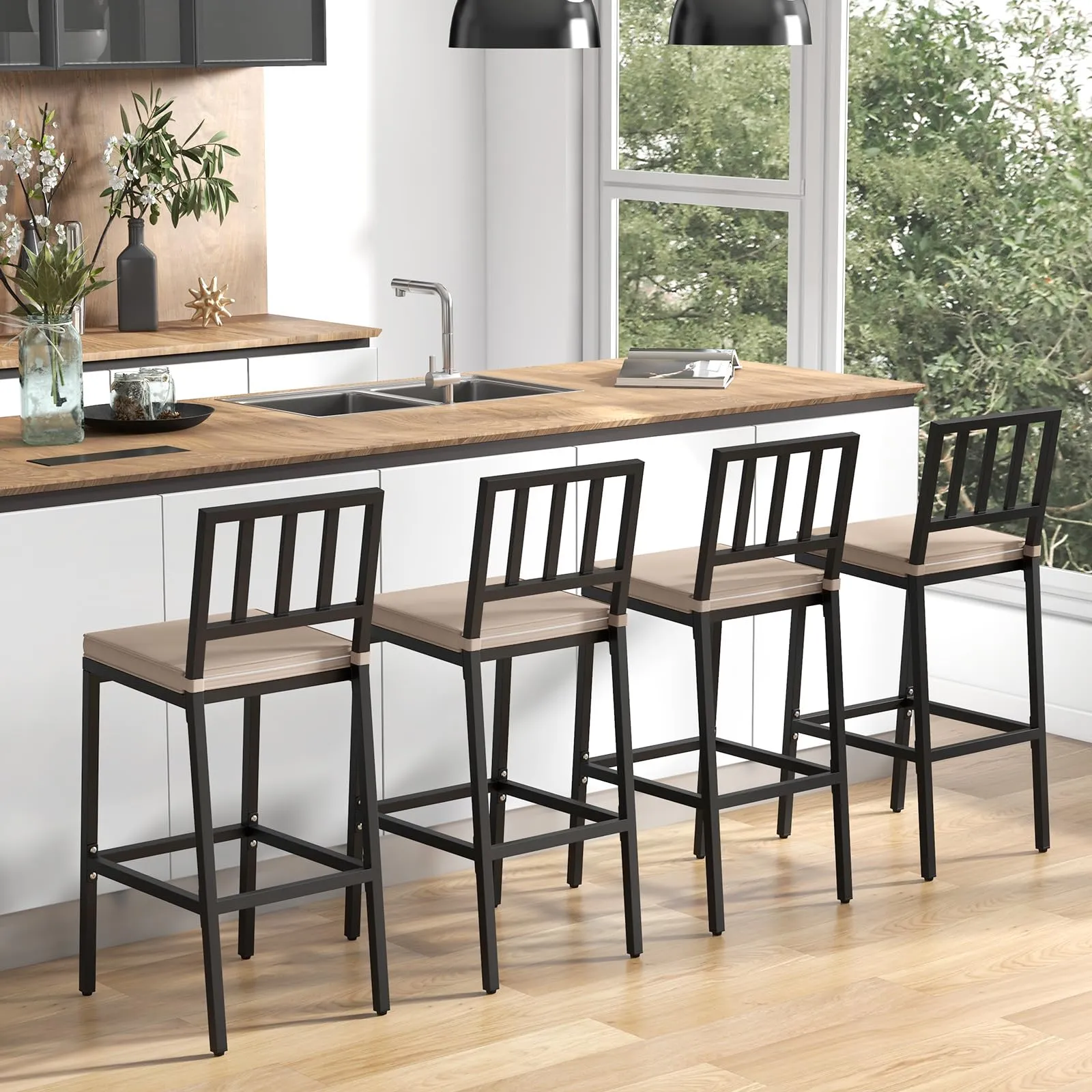 Tangkula Patio Bar Chairs, Heavy-Duty Metal Frame Bar Stools w/Backrest, Indoor Outdoor Barstools