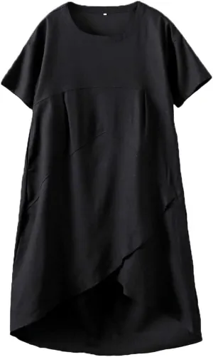 Tebreux Women's Linen Midi Dress Oversized Short Sleeve Sundress Baggy Tunic Dresses with Pockets